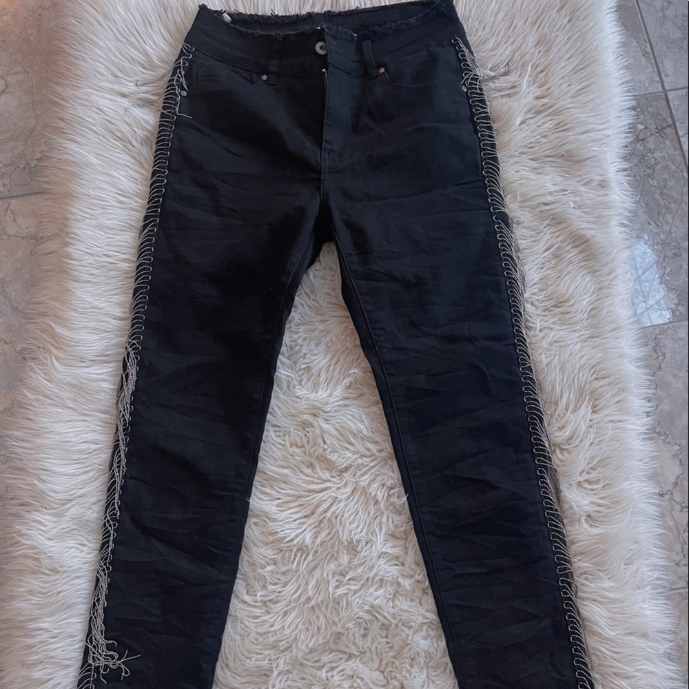Q2 Premium Denim Black Skinny Jeans with Silver Tassels